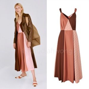REJINA PYO Rosa Japanese Wool Suiting Pleated Midi Dress in Rust Tonal Mix